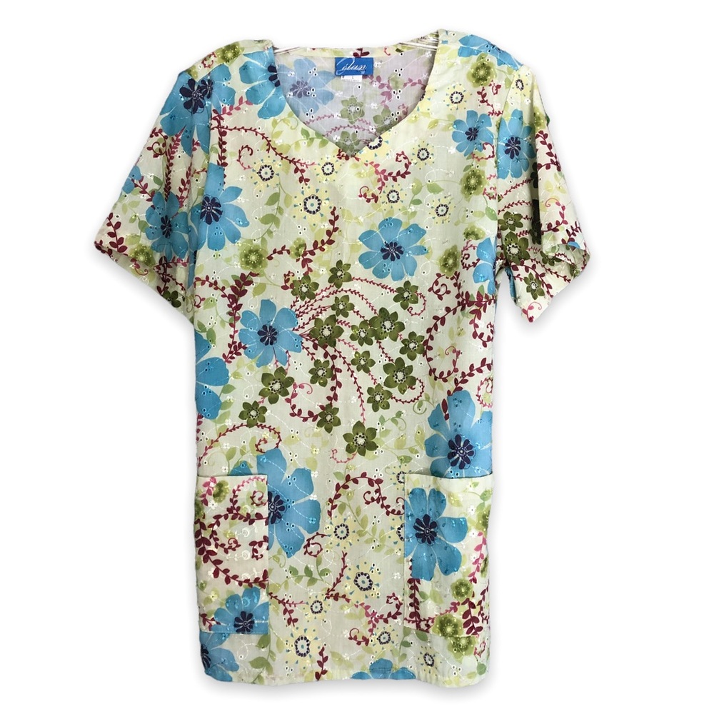 Elan by Barco Green Floral Print with Eyelet Scrubs Top Smock Size Large